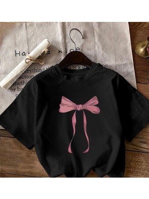 herkesemoda Pembe Fiyonk  Baskı Detaylı Basic T-Shirt