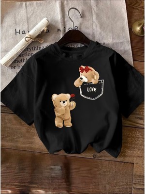 herkesemoda Ayıcık Baskı Detaylı Basic T-Shirt