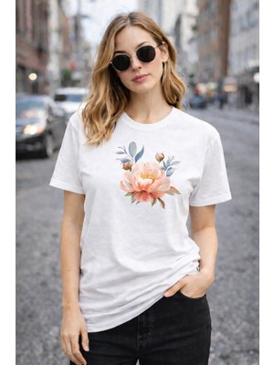 herkesemoda Pembe Çiçek  Baskı Detaylı Basic T-Shirt