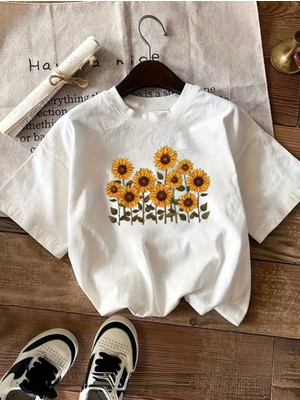 herkesemoda Ayçiçekler  Baskı  Detaylı Basic T-Shirt