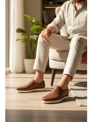 Enoch Hakiki Deri Taba Lazer Kesim Beyaz Tabanlı Erkek Comfort Ayakkabı