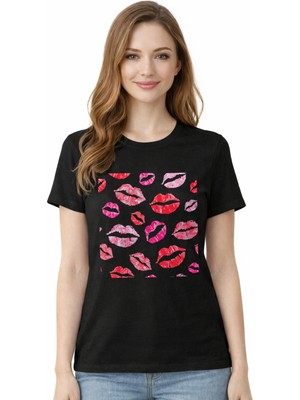 herkesemoda Öpücük Desen Baskı Detaylı Basic T-Shirt