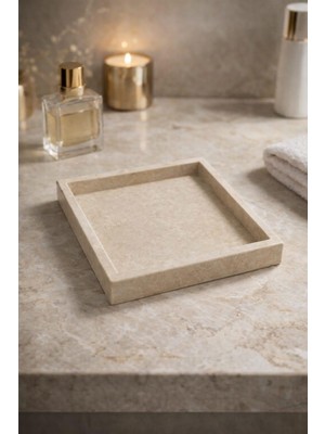 Marbello Doğal Traverten Mermer Kare Tepsi 20X20 cm | El Yapımı | Bej Taş Dekor Tepsi