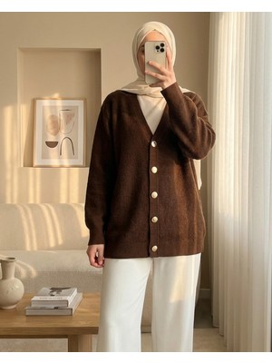Modamorfo Önü Düğmeli Sakallı Salaş Triko Hırka -Kahve