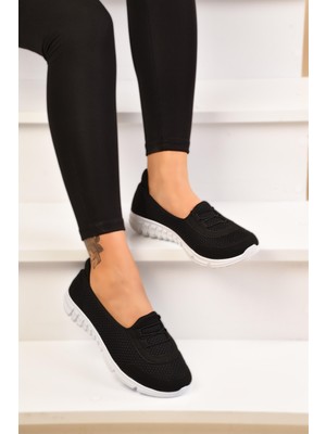 ModaOnn Kadın Siyah Beyaz Bağcıksız Rahat Hafif Memory Kalın Taban Yürüyüş Anne Günlük Bez Spor Ayakkabı