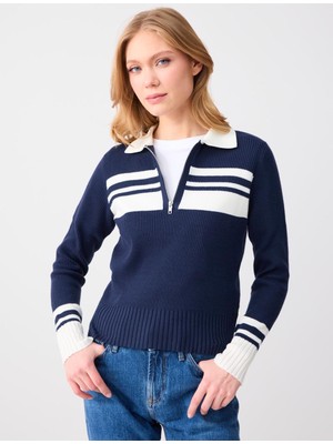 Jimmy Key Lacivert Dar Kesim Polo Yaka Çizgi Desenli Triko Bluz