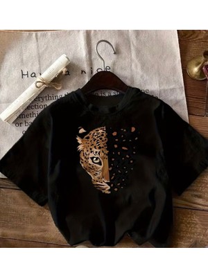 herkesemoda Leopar Kaplan Baskı Detaylı Basic T-Shirt
