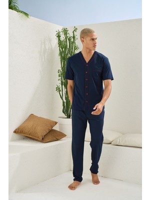 Kly Pamuk %100 Kısa Kollu Erkek Önden Düğmeli Pijama Şık Tasarım