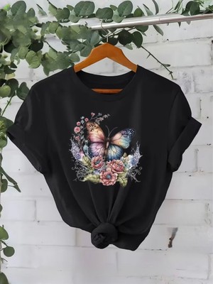 herkesemoda Kelebek Ay  Baskı  Detaylı Basic T-Shirt