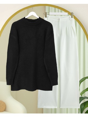 Modamorfo Fitilli Uzun Triko Kazak -Siyah