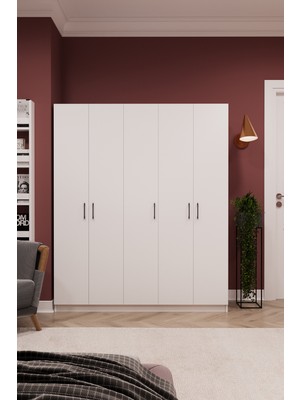 Asra Trend MDF 5 Kapaklı Gardırop - 150×180×47cm, 5 Raflı Düzenleyici Çok Amaçlı Dolap, G-09