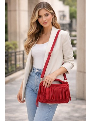 Vela Penye Ip El Örgüsü Kırmızı Püsküllü Kadın Omuz & El Çantası