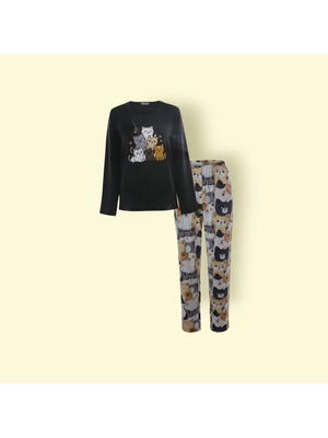 Gonca Concept Kadın Uzun Kollu Kedili Penye Pijama Takımı