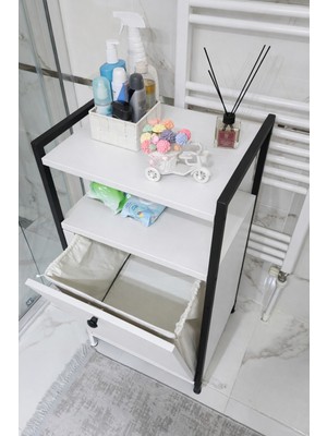 Lidya Luxury Concept Yıkanabilir Kumaş Kirli Çamaşır Sepeti Organizeri – Beyaz Raflı, Ayarlı Ayaklı, Mobilya, Yerli Üretim (100×50×40 cm / 90 L)
