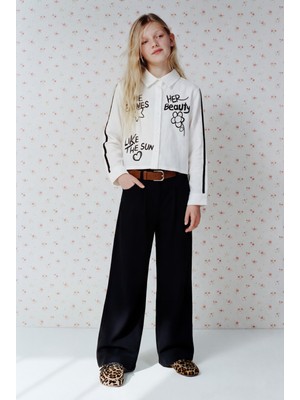 Magu Kız Çocuk Pamuklu Ekru Baskılı Gömlek ve Siyah Kumaş Pantolon Takım