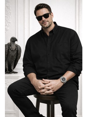 Varetta Erkek Siyah Büyük Beden Gömlek Yaka Düğmeli Uzun Kollu Düz