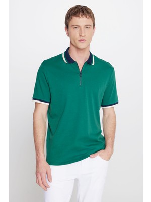 Altınyıldız Classics Erkek Yeşil-Lacivert Regular Fit Geniş Kesim Polo Yaka %100 Pamuk Tişört