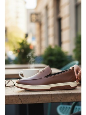 Enoch Hakiki Deri Taba Lazer Baskı Detaylı Beyaz Tabanlı Erkek Comfort Loafer