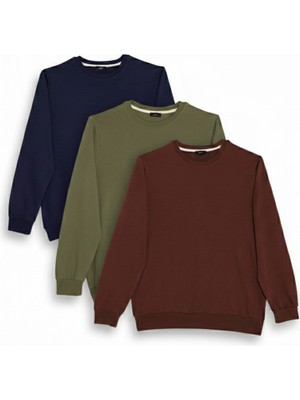 Tudors Erkek 3'lü Kahve-Yeşil-Lacivert Relax Fit Rahat Kesim %100 Pamuk 2 Iplik Bisiklet Yaka Sweatshirt