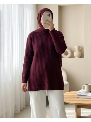Modamorfo Fitilli Uzun Triko Kazak -Bordo