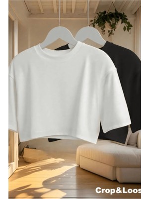 Tarz Cool Kadın Siyah Bisiklet Yaka Oversize Crop Tişört - %100 Pamuklu Basic Kısa Kol