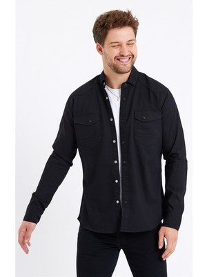 Tarz Cool Erkek Çift Cepli Çıt Çıt Düğmeli Slim Fit Kot Gömlek