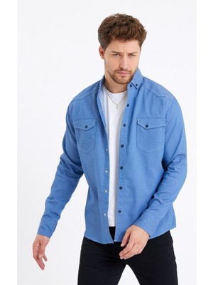 Tarz Cool Erkek Çift Cepli Çıt Çıt Düğmeli Slim Fit Kot Gömlek