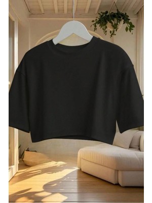 Tarz Cool Kadın Siyah Bisiklet Yaka Oversize Crop Tişört - %100 Pamuklu Basic Kısa Kol