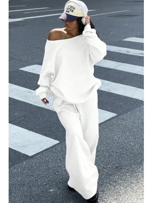 Tarz Cool Kadın Düşük Omuz Yumuşak Basic Sweat Eşofman Takımı