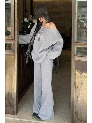 Tarz Cool Kadın Düşük Omuz Yumuşak Basic Sweat Eşofman Takımı