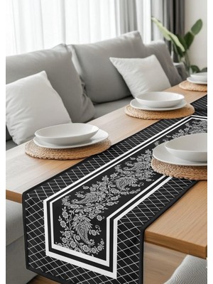 HM Polisaj Siyah Zarafette Beyaz Gravür Dijital Baskılı Runner Kumaş 40*140CM