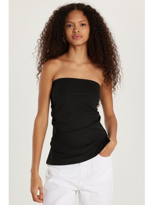 Tudors Kadın Slim Fit Dar Kesim Straplez Siyah Bluz