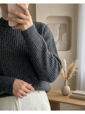 Modamorfo Fitilli Uzun Triko Kazak -Füme