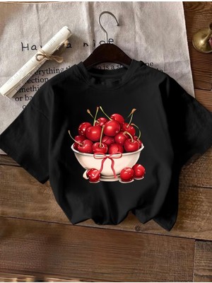 herkesemoda Kiraz  Kasesi Baskı Detaylı Basic T-Shirt