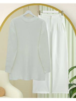 Modamorfo Fitilli Uzun Triko Kazak -Beyaz