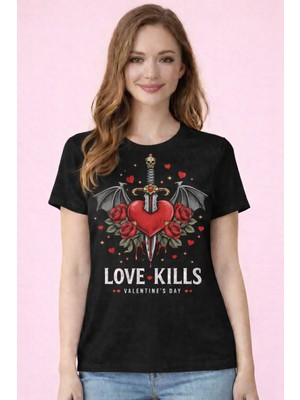 herkesemoda Love Kılls Yazı Detaylı  Basic T-Shirt