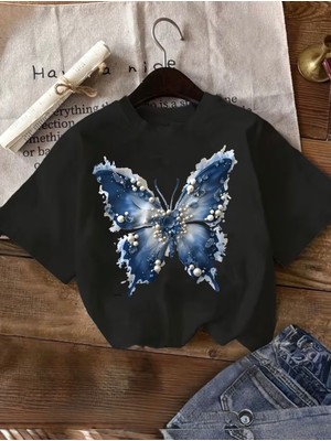 herkesemoda Mavi Kelebek Baskı Detaylı Basic T-Shirt