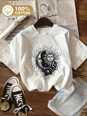 herkesemoda Ay Güneş  Baskı Detaylı Basic T-Shirt