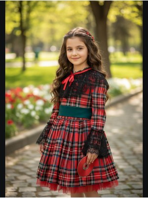 Gala Stil Gala Ekoseli Yakası Dantelli Çocuk Elbise