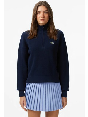 Lacoste Relaxed Fit Uzun Kollu Yarım Fermuarlı Kadın Triko Kazak Lacivert