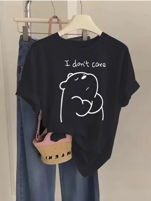 herkesemoda I Don Care Ayıcık  Baskı Detaylı Basic T-Shirt