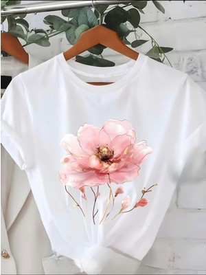 herkesemoda  Pembe Gül  Baskı Detaylı Basic T-Shirt