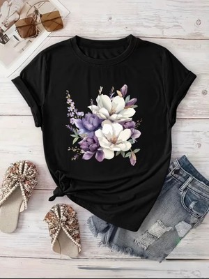 herkesemoda Çiçek Baskı  Detaylı Basic T-Shirt