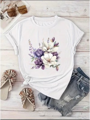 herkesemoda Çiçek Baskı  Detaylı Basic T-Shirt