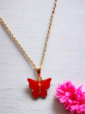 Ceritoğlu Altın Renk Kırmızı Kelebek Model Zirkon Kolye