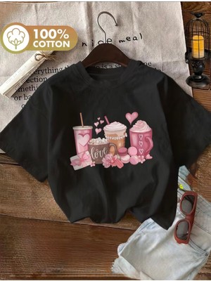 herkesemoda Love Bardaklar Baskı Detaylı Basic T-Shirt