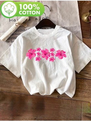 herkesemoda Pembe Çiçekler  Baskı Detaylı Basic T-Shirt