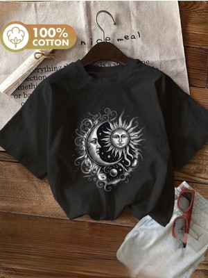 herkesemoda Ay Güneş  Baskı Detaylı Basic T-Shirt