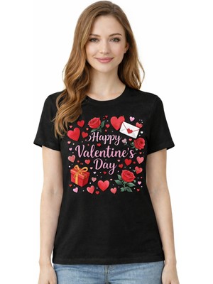 herkesemoda Happy Valentines Day Baskı Detaylı Basic T-Shirt
