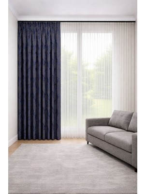 Perde Merkezi Yaprak Lacivert Fon Perde Salon ve Misafir Odalarına Uygun 1/3 Sık Pileli Tek Kanat Lüks Modern Fon Perd